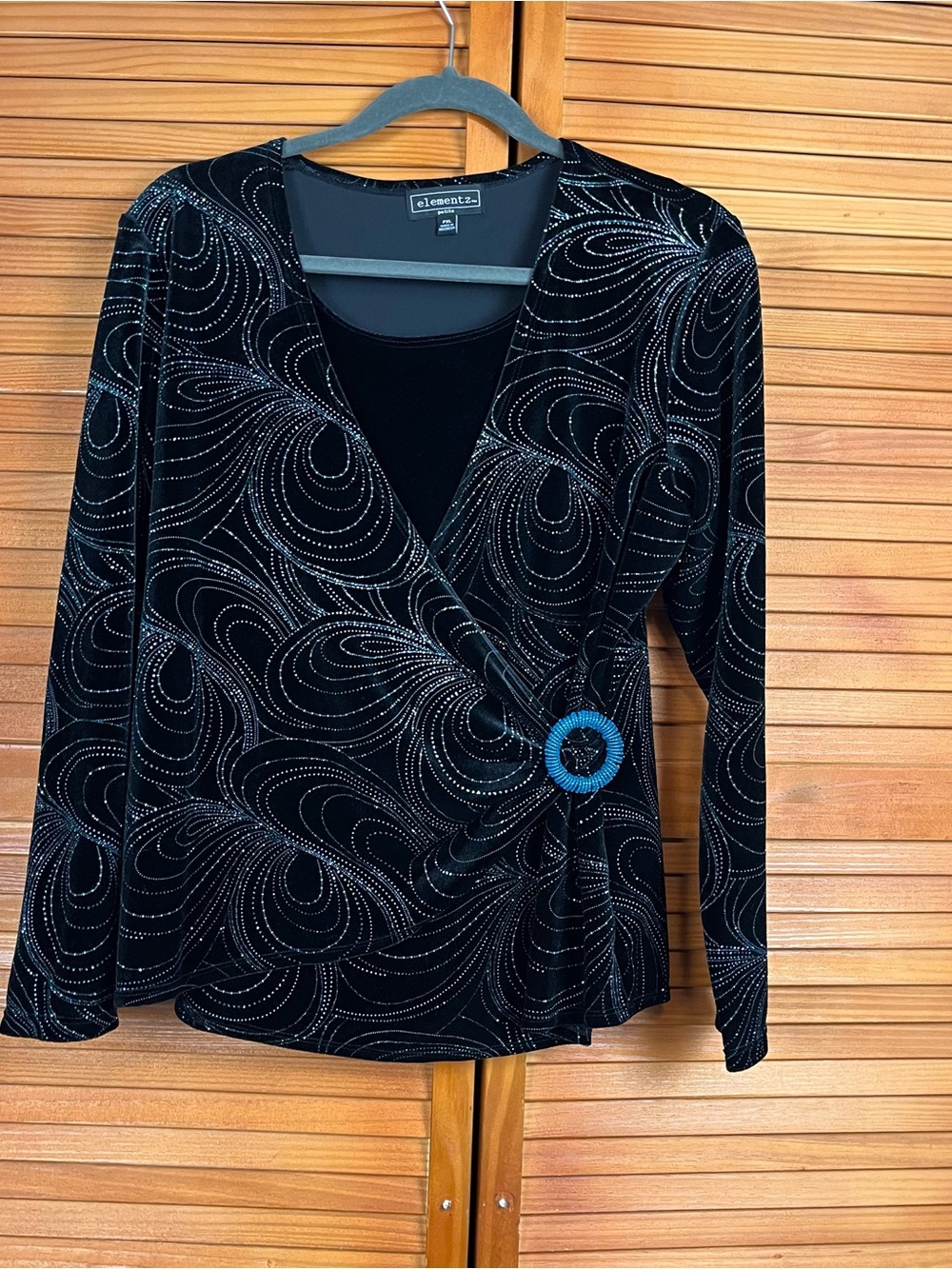 Elementz Black Velvet Top with Blue Glitter Swirl and Blue Buckle